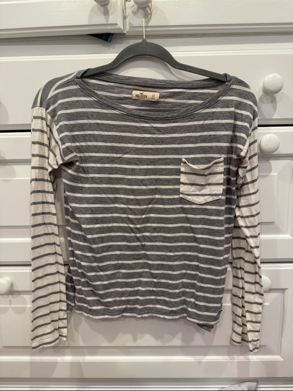Hollister Charcoal Gray & White Striped Long Sleeve Pocket Top